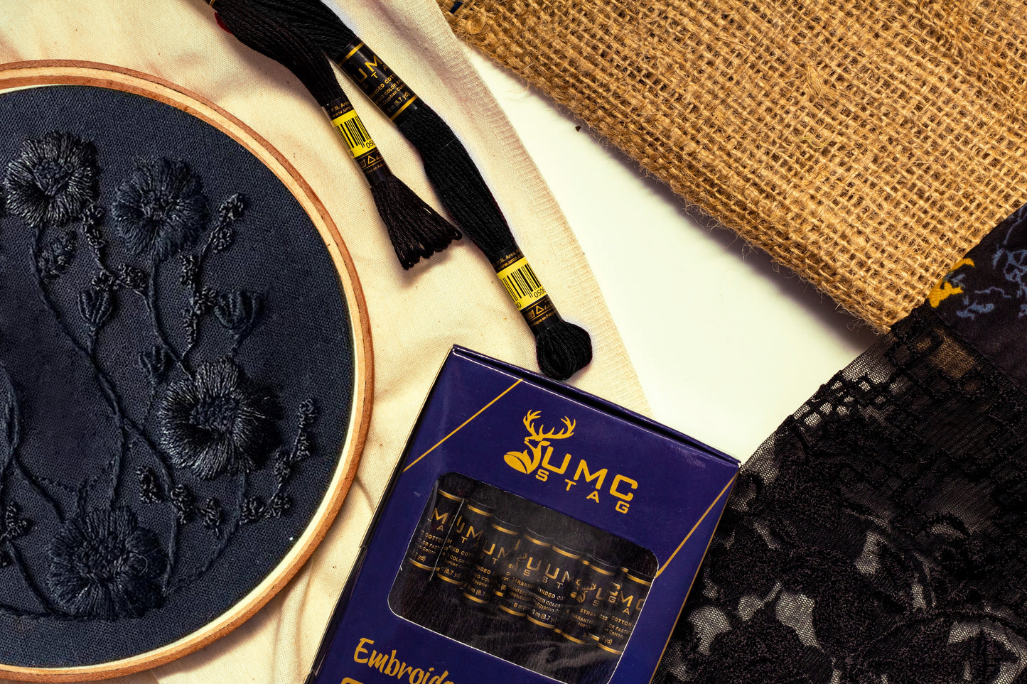 UMC STAG 24 Pieces Black Colour Premium Embroidery Thread | 100% Egyptian Cotton Skeins | Cross Stitch Embroidery Floss | OEKO TEX Stranded Cotton |