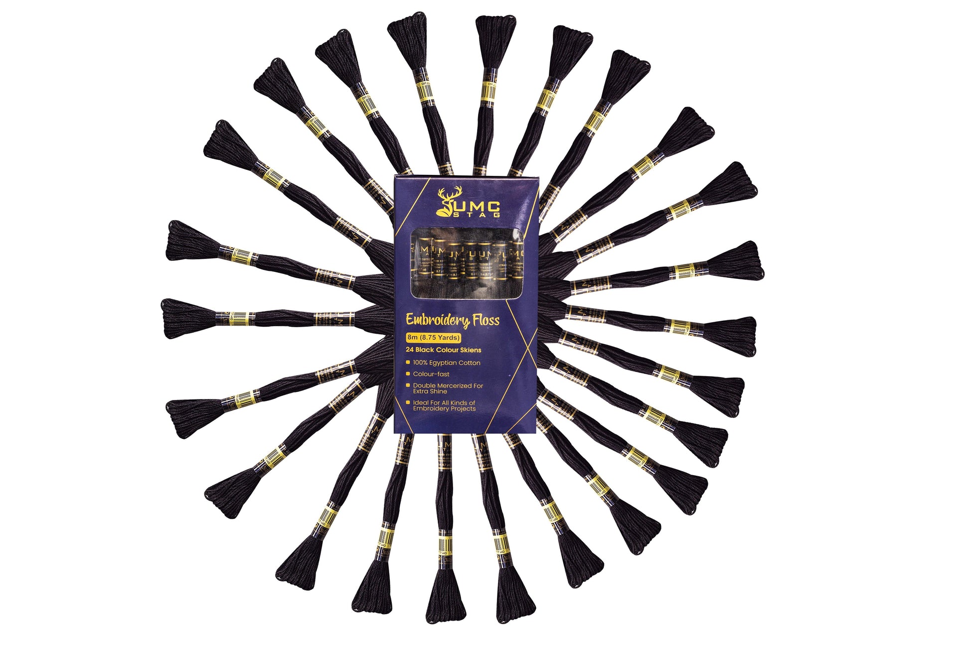 UMC STAG 24 Pieces Black Colour Premium Embroidery Thread | 100% Egyptian Cotton Premium Skeins | Cross Stitch Embroidery Floss | Oeko TEX Certified Stranded Cotton | Perfect for Arts & Crafts - UMC STAG