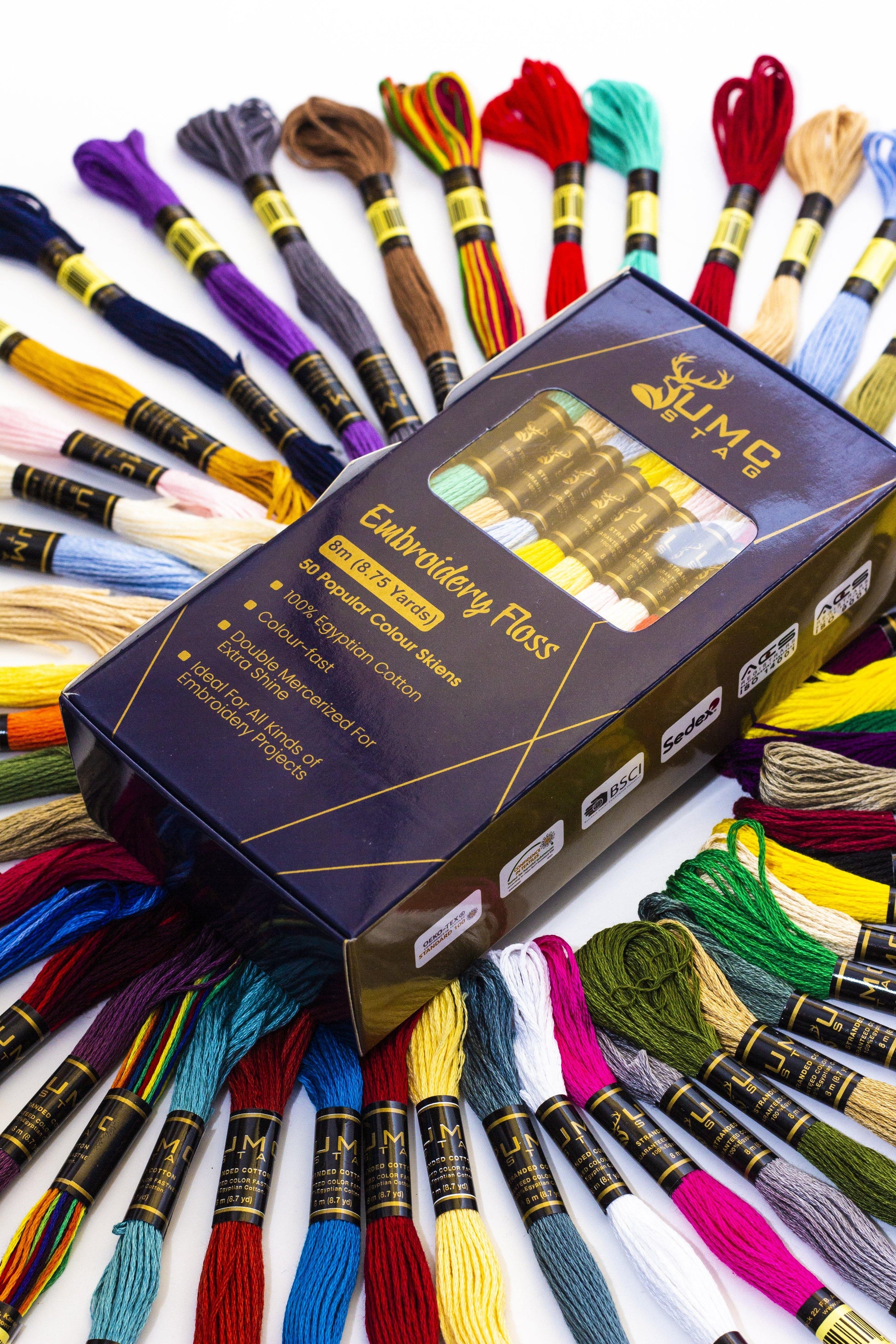 UMC STAG Pack of 50 Popular Colours Premium Embroidery Thread | 100% Egyptian Cotton Premium Skeins | Cross Stitch Embroidery Floss | Oeko TEX Certified Stranded Cotton | Ideal for Arts & Crafts - UMC STAG