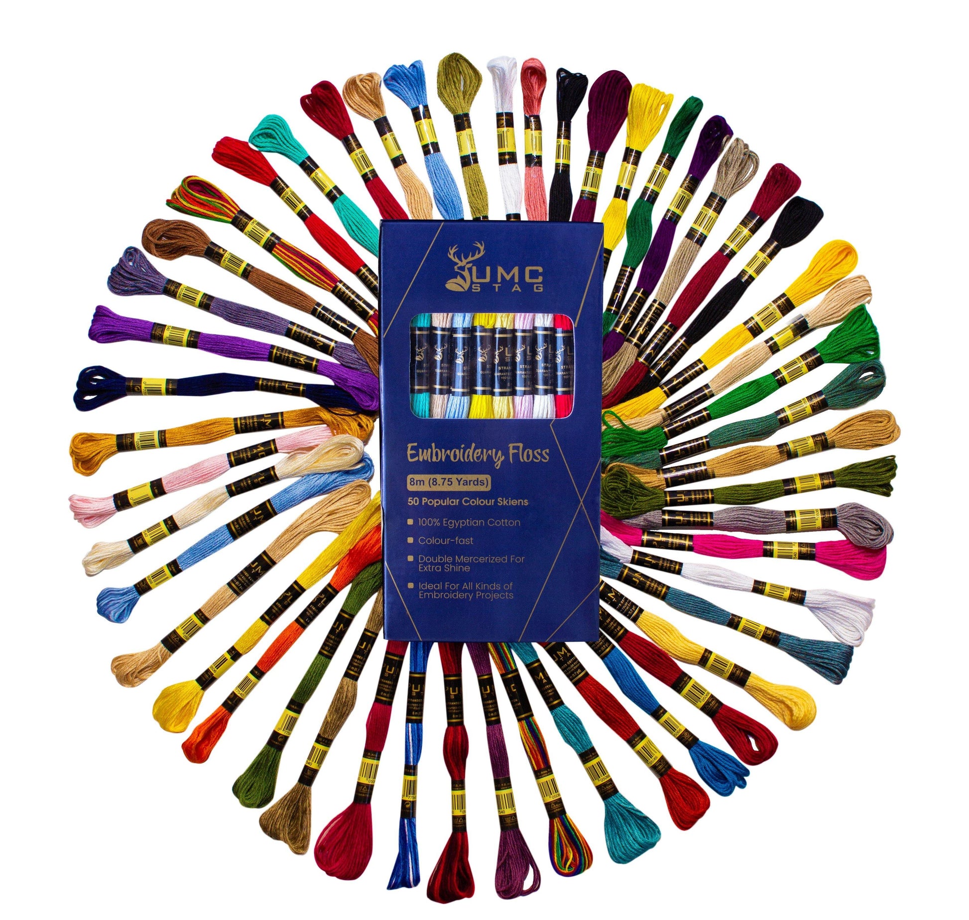 UMC STAG Pack of 50 Popular Colours Premium Embroidery Thread | 100% Egyptian Cotton Premium Skeins | Cross Stitch Embroidery Floss | Oeko TEX Certified Stranded Cotton | Ideal for Arts & Crafts - UMC STAG