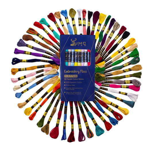 UMC STAG Pack of 50 Popular Colours Premium Embroidery Thread | 100% Egyptian Cotton Premium Skeins | Cross Stitch Embroidery Floss | Oeko TEX Certified Stranded Cotton | Ideal for Arts & Crafts - UMC STAG